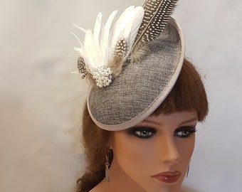 Dark Grey Feather Fascinator Hat: Vintage Wedding Ascot Headpiece