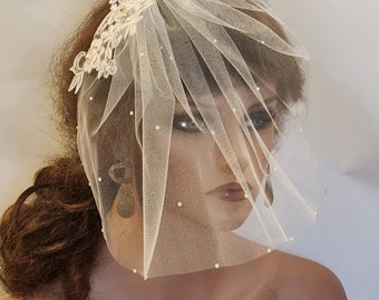 Bridal Birdcage Veil: Lace Fascinator with Diamonte Pearls