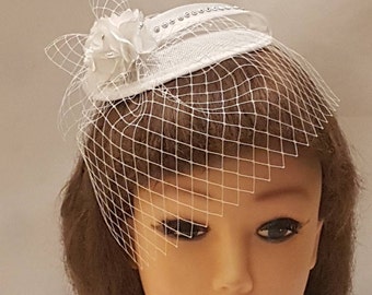 Birdcage veil Hat fascinator Vintage 1940-50s Fascinator Bridal MINI Veil Hat White, Ivory Teardrop hat  veil Satin, Crystal Fascinator