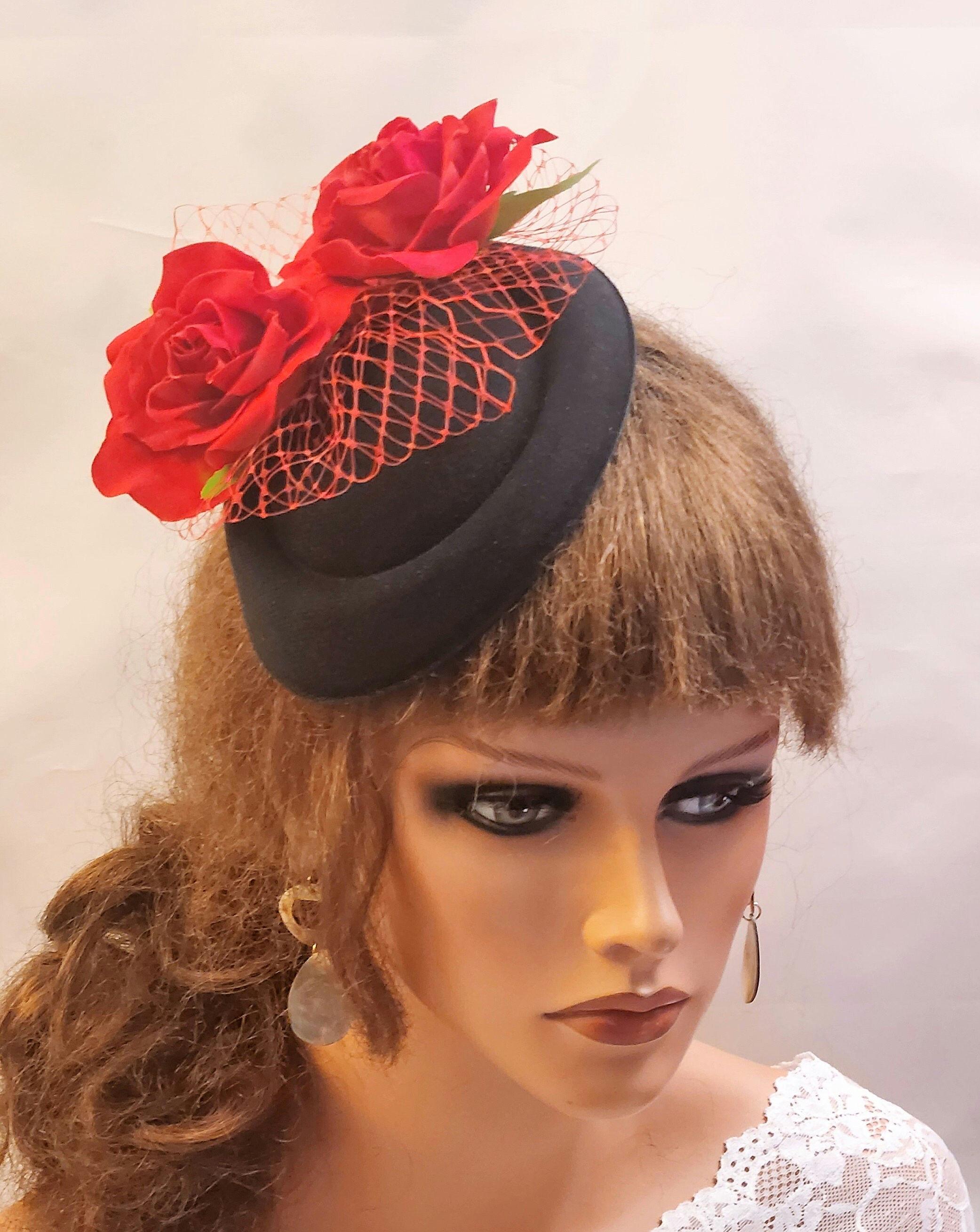 Black Pillbox Fascinator: Red Rose & Netting Derby Hat - Etsy