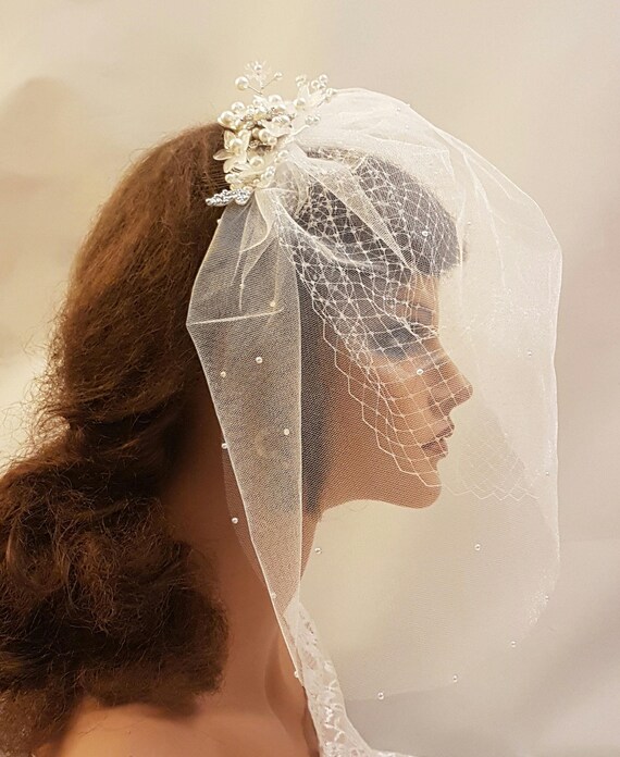 Birdcage Veil White, Ivory Bridal Veil, Blusher Veil With  display picture 1