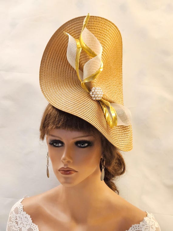 Elegant Women\'s Gold Hat with Ribbon Accents Gold Madhatter Crown Downbrim Satin Ribbon Hat | SUN YORKOS main image 4