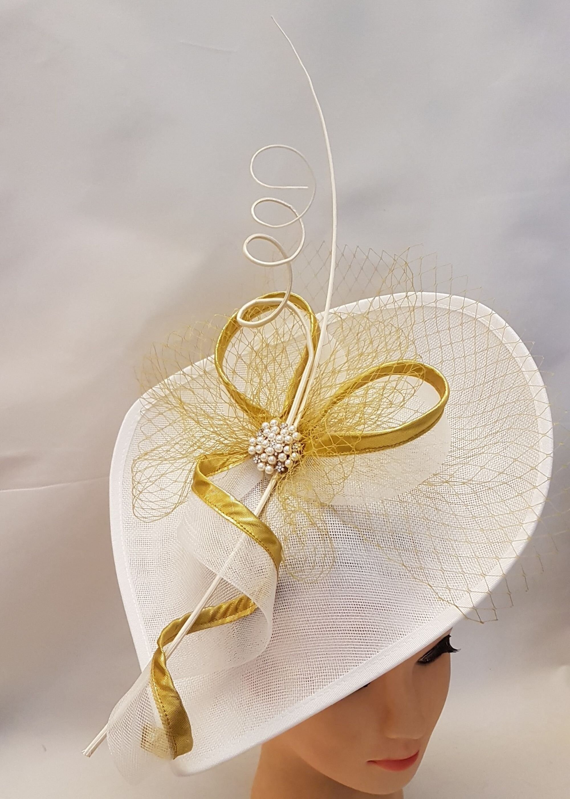 White and gold fascinator WHITE & GOLD TURBAN Hat Fascinator Long Quill Feather Gold  main image 2