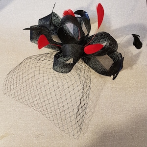 Black Fascinator birdcage veil fascinator #fascinator Black mini Birdcage veil, Red & Black Feather,Sinamay loops fascinator, Hair accessory