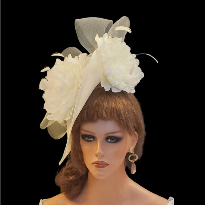 IVORY Fascinator Hat large Teardrop hatinator Floral Fascinator Church Derby Ascot hat Wedding TeaParty Mother of Bride/Groom Hatinator 画像 1