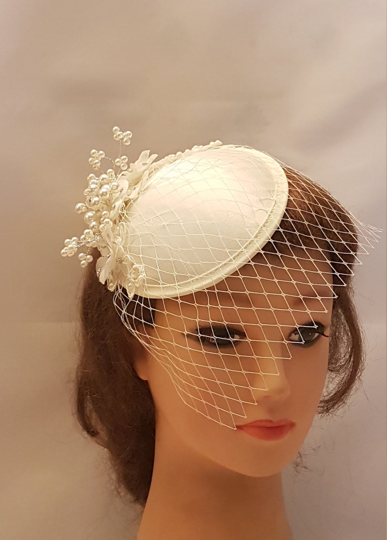 FASCINATOR, Birdcage veil, White,Ivory bridal birdcage veil,Bridal fascinator,Crystal Pearl bridal hat,Wedding hair accessory,CUSTOM COLOURS image 3