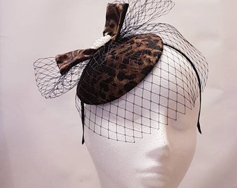 FASCINATOR, Animal print Hat fascinator #Brown Black  hat fascinator,Race,Cocktail hat, Ladies day,Ascot hat,  Brown  mini birdcage veil hat