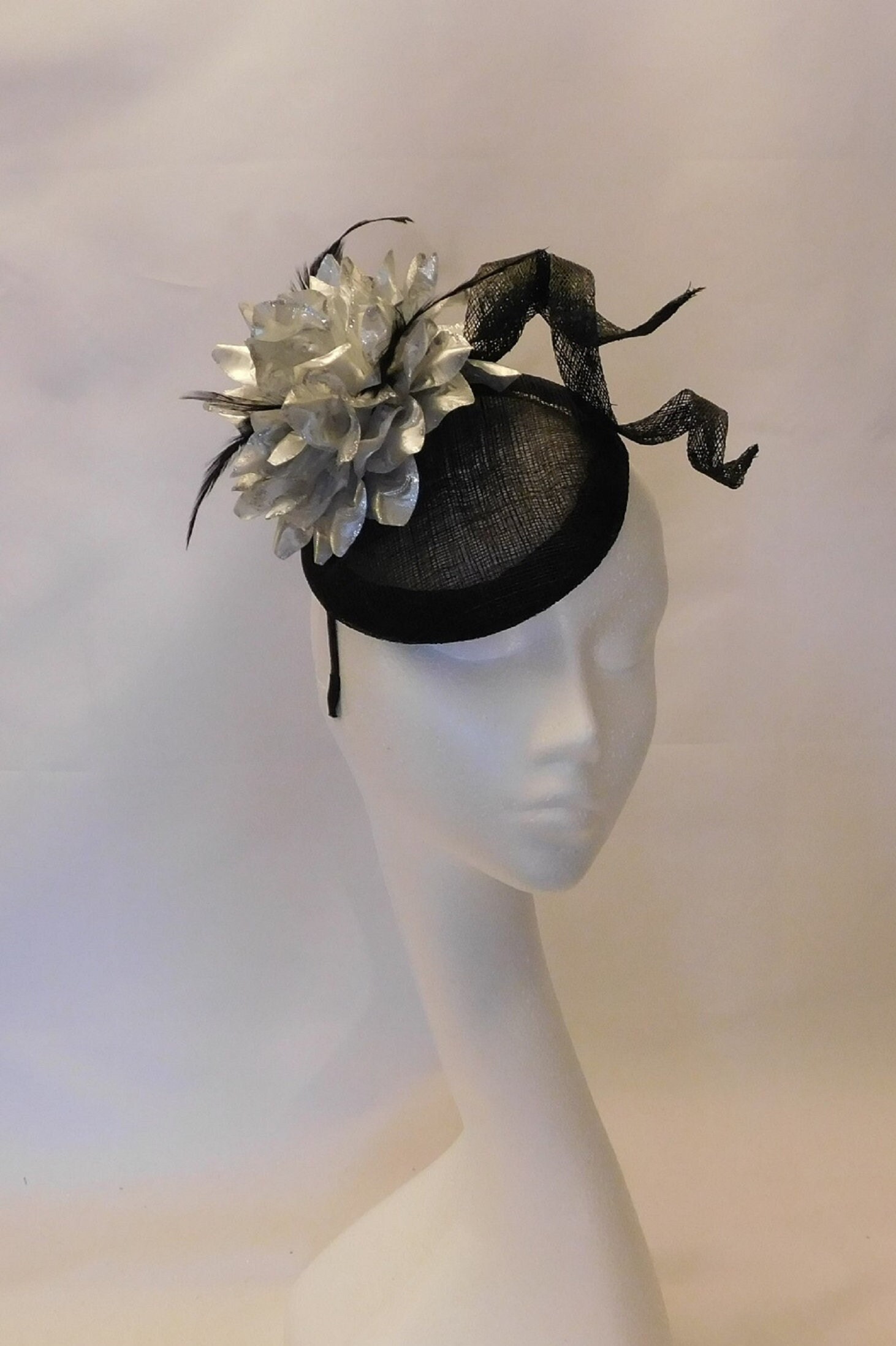 Black ivory and silver one of a kind oversized flower headband bow fascinator 1920s Parisian Fascinator: Black Silk Flower Headband With  main image 2
