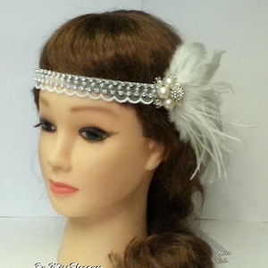 1920s 40s  boho Gatsby flapper headband Headpiece, Bridal White or Ivory fascinator with Crystal Beaded lace and Ostritch fringe Feather