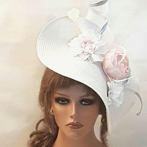 White & Pink Fascinator: Derby Wedding Hatinator with Silver Crin Swirl