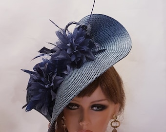 BLEU MARINE/GRIS Chapeau Bleu Bibi grande soucoupe chapeau long Quil Floral Church Derby Ascot Race Chapeau de mariage Mère de la mariée/marié Hatinator