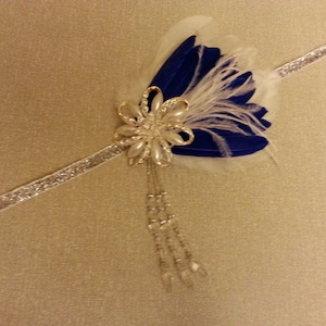 Great Gatsby Dress Headband Flapper Dress fascinator Headpiece  1920 Headband  White and Blue feather Fascinator with Sparkly embellishment