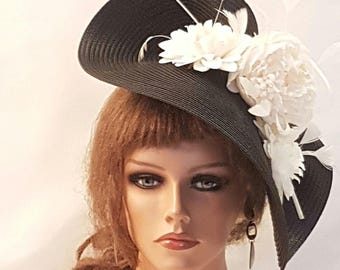 Black Saucer Hatinator: Ivory Floral Quill Feather Ascot Hat