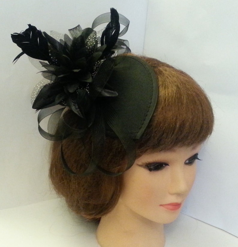Vintage 1940s-50s Black Fascinator hat Black Tear drop hat fascinator Ascot flower feather Fascinator Ceremoney HAT ladies Cocktail