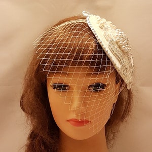 Bridal birdcage veil Hat Fascinator. White,Ivory Bridal Hat Headpice with mini veil ,Wedding headpiece. Bridal Headwear.