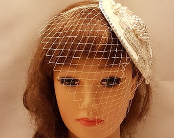 Bridal birdcage veil Hat Fascinator. White,Ivory Bridal Hat Headpice with mini veil ,Wedding headpiece. Bridal Headwear.