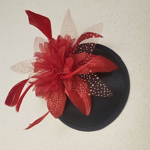 Vintage Inspired Black Fascinator Hat: Red Feather Flower, Ascot Races