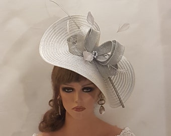 SILVER Grey #fascinator large saucer hat Long Quil Floral Church Derby Ascot Royal Wedding TeaParty hat Mother of Bride/Groom Hatinator