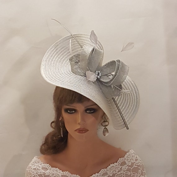 Silver Fascinator Hat: Metallic Bow, Pearls, Feather 