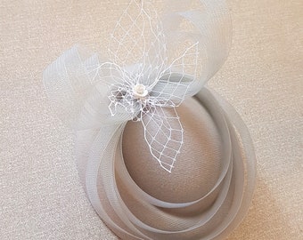 Silver Grey Fascinator Hat, Felt Pillbox, Crinoline Bow, Wedding Ascot Derby