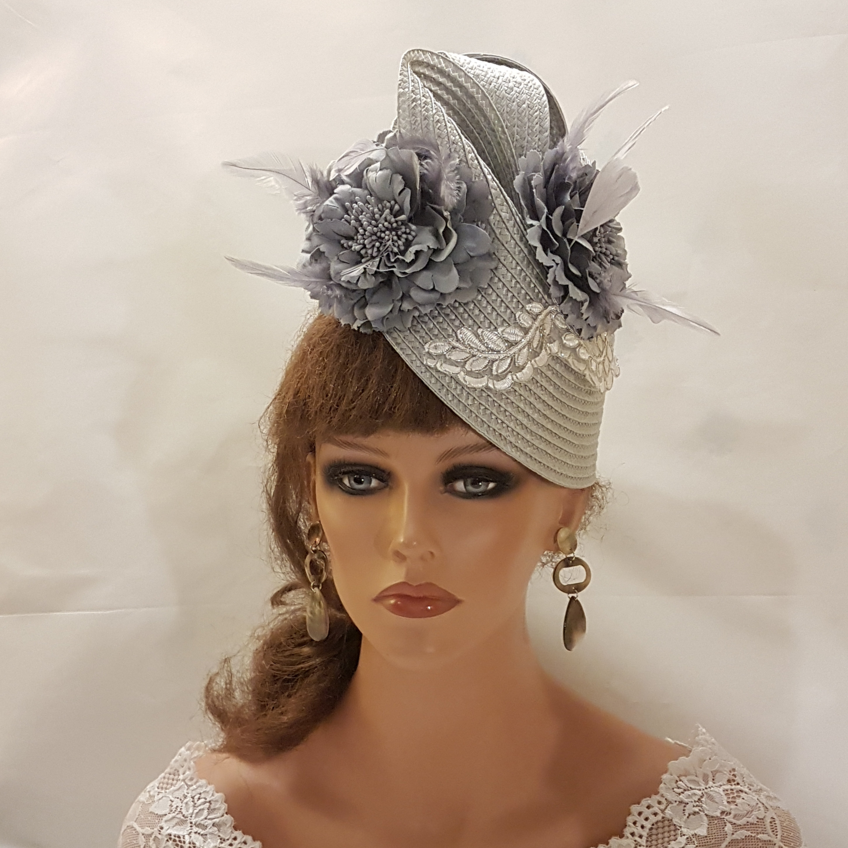 SILVER Grey Fascinator Straw Weave Floral Hat Fascinator