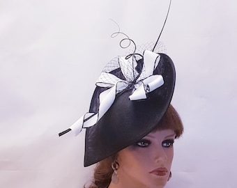 Black & White Teardrop Fascinator Hat, Wedding Ascot Occasion