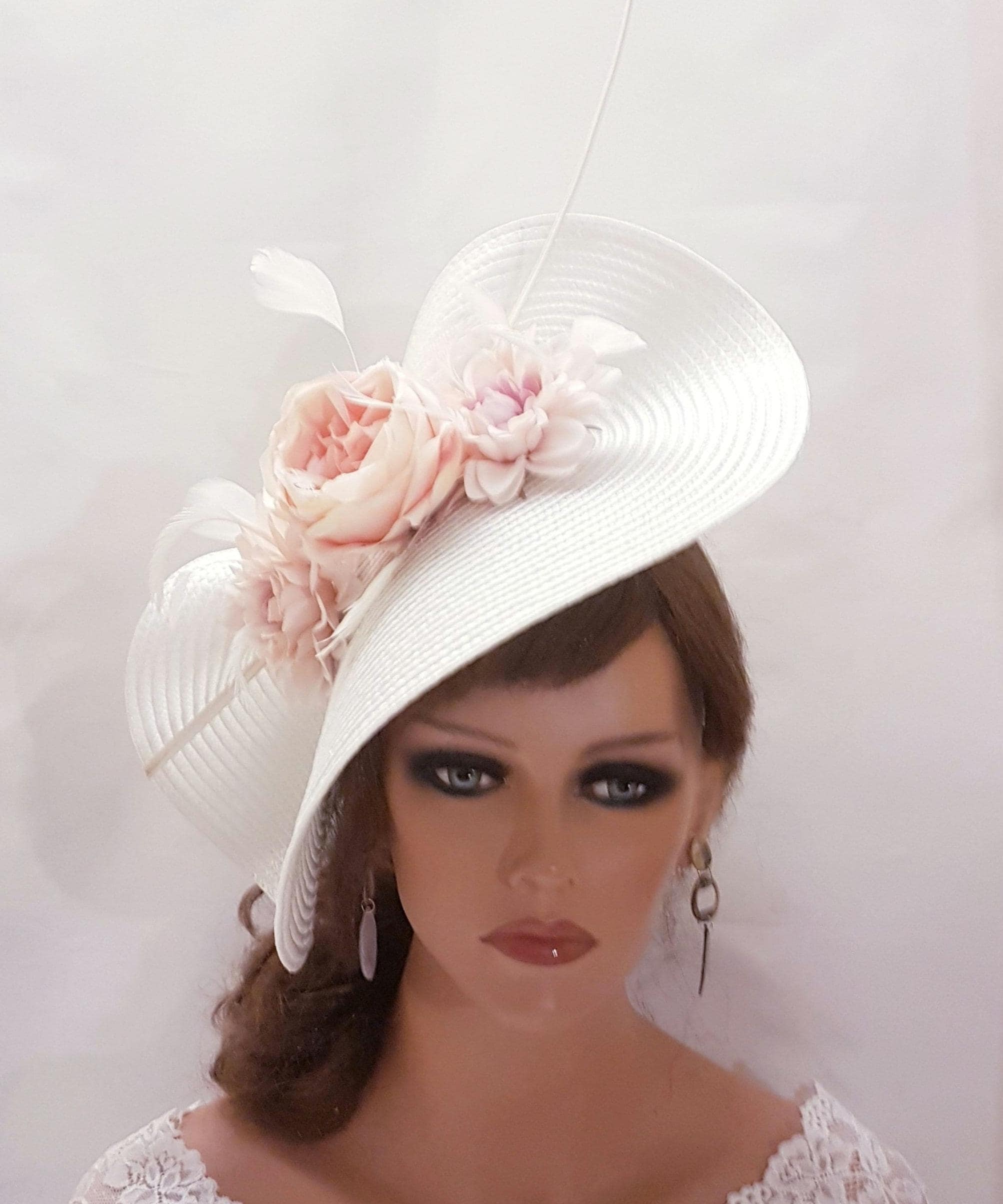 White Saucer Fascinator Hat – Pink Flowers, Feather Quill 