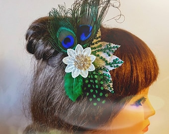Peine de pelo de plumas de pavo real nupcial, peine de plumas de cristal verde azul Fascinator Fascinador nupcial Gatsby 1920s Diadema Fascinador de bodas