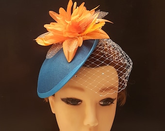 Hat fascinator Teal blue & Orange Hat, Blue Fascinator hat veil fascinator Race Cocktail hat Ascot Hat, Cocktail hat, wedding Race headpiece