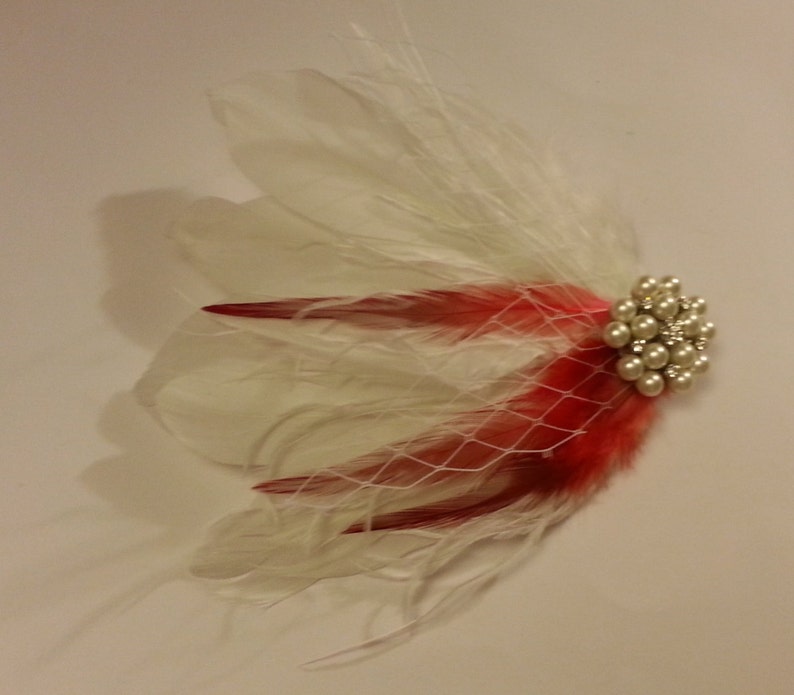 Feather Fascinator Red White Feather Hair clip, Womens Hair Feather hair clip Bridal hair piece Bridal Bridesmaids Feather fascinator image 2