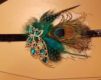 Gatsby  Headband, Peacock feather Headband #1920s Flapper Headpiece Bridal wedding fascinator, 1920s  Teal blue  boho headband