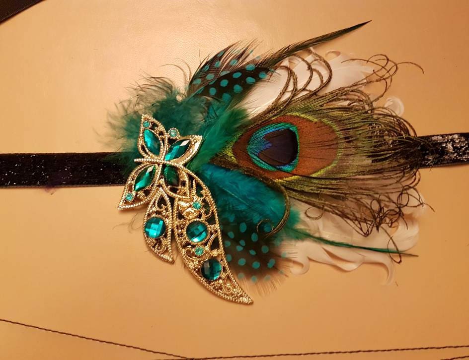 Gatsby Headband, Peacock Feather Headband #1920s Flapper Headpiece