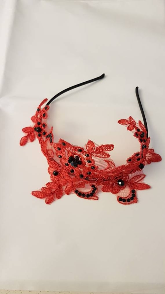 Floral Beaded Headband - Black and Red Burgundy Floral Lace Headband With Iridescent Beads- Elegant  main image 3