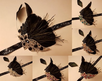 Diadema Gatsby, tocado Flapper de la década de 1920, diadema de plumas Gatsby, diadema boho de los años 40 de la década de 1920, negro, azul, claro, rosa, púrpura, cristal de champán