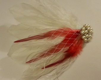 Feather Fascinator Red  White Feather Hair clip, Womens Hair Feather hair clip Bridal hair piece Bridal Bridesmaids Feather fascinator