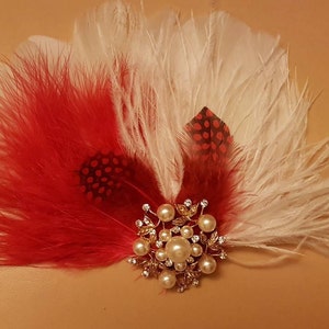 Feather Hair Clip Gatsby Feather Fascinator Feather Hair Piece,Wedding Hair Accessory Gold tone jewel  Red feather fascinator Cocktail clip