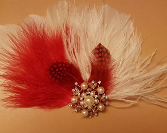 Feather Hair Clip Gatsby Feather Fascinator Feather Hair Piece,Wedding Hair Accessory Gold tone jewel  Red feather fascinator Cocktail clip