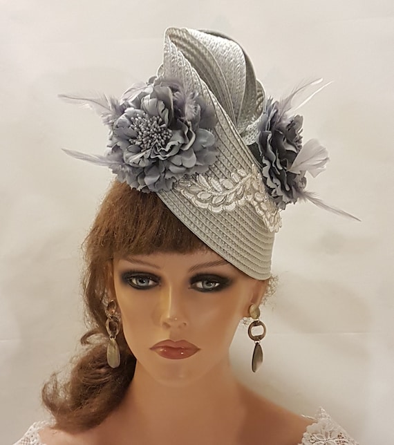 SILVER Grey Fascinator Straw Weave Floral Hat Fascinator  display picture 3