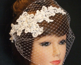 Birdcage veil Lace fascinator Crystal, Pearls White Ivory blushpink Wedding Veil