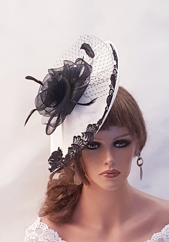 Black & White Fascinator Hat: Lace, Feather Derby Headpiece  display picture 2