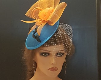 Teal Blue Fascinator Hat: Orange Crinoline Flowers, French Veil