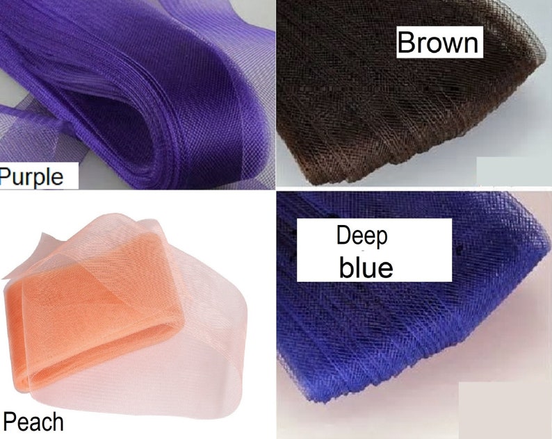 May include: Four rolls of tulle fabric in different colors: purple, brown, peach, and deep blue. The fabric is soft and sheer, and it is perfect for crafting and decorating.