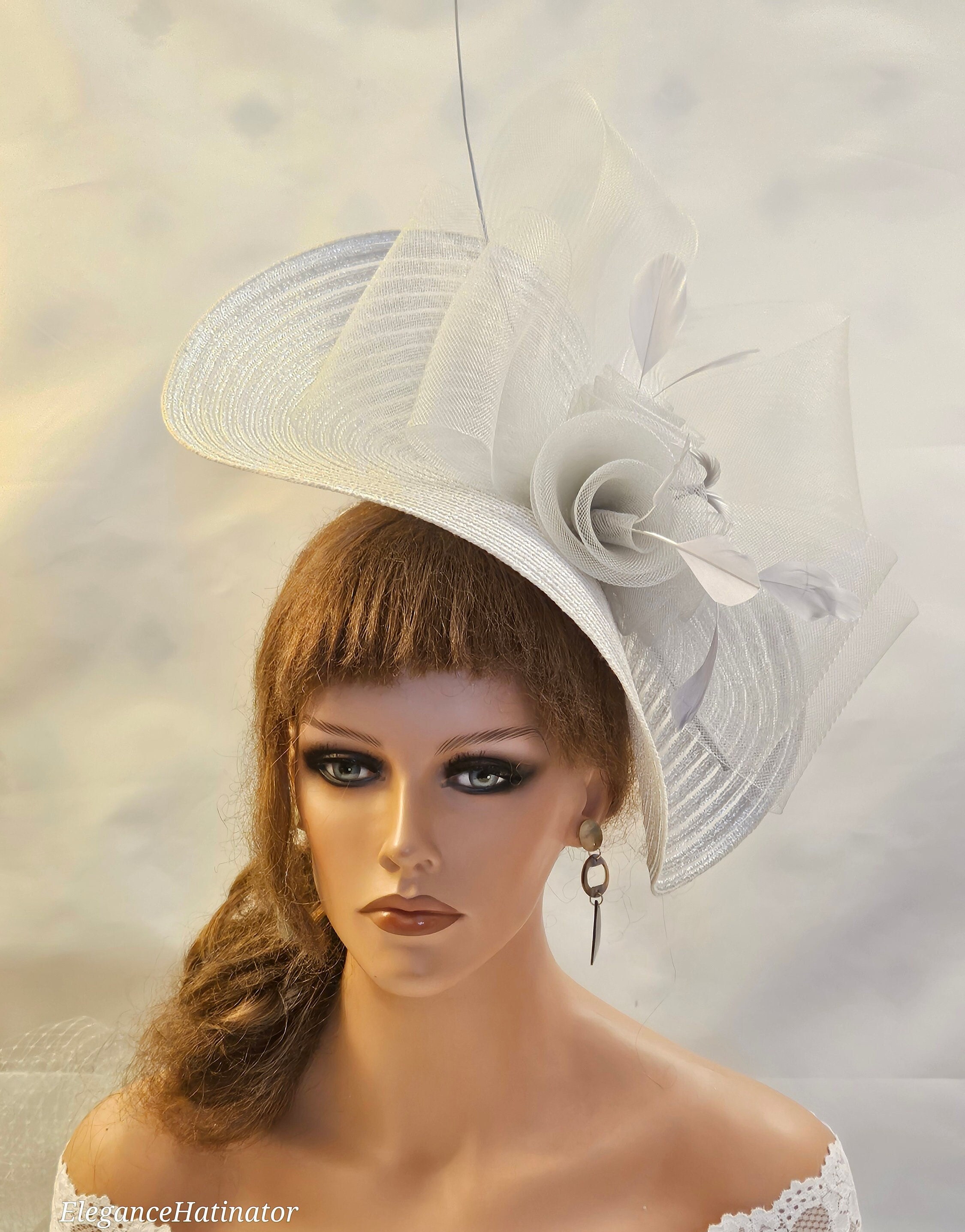 Silver Grey Fascinator Large Saucer Hatinator Feather Floral