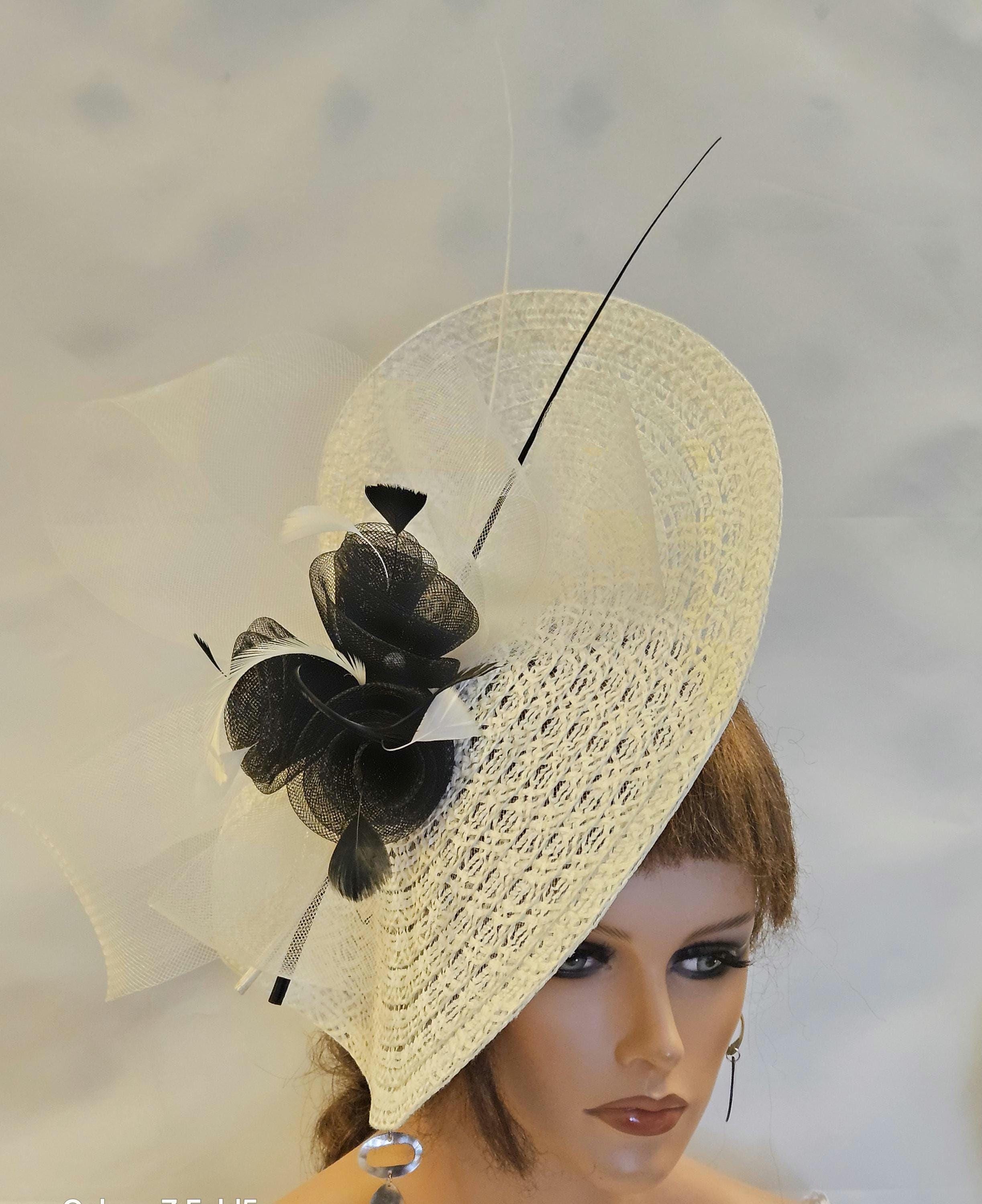 Designed by EE Ivory & Black Wide Brim Church Kentucky Derby Fascinator Hat OS M489V ( White Black hat )Kentucky Derby Hat, Church Hat  main image 3