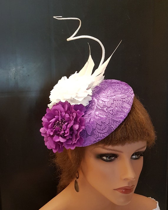 Purple Lace Fascinator Hat, Flower & Quill Feather, Ascot 
