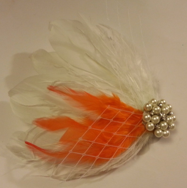 wedding hair accessory, Orange feather clip, Bridal Hair Piece Bridal Feather Fascinator, Feather Hair Piece, Wedding Hair Accessories image 1