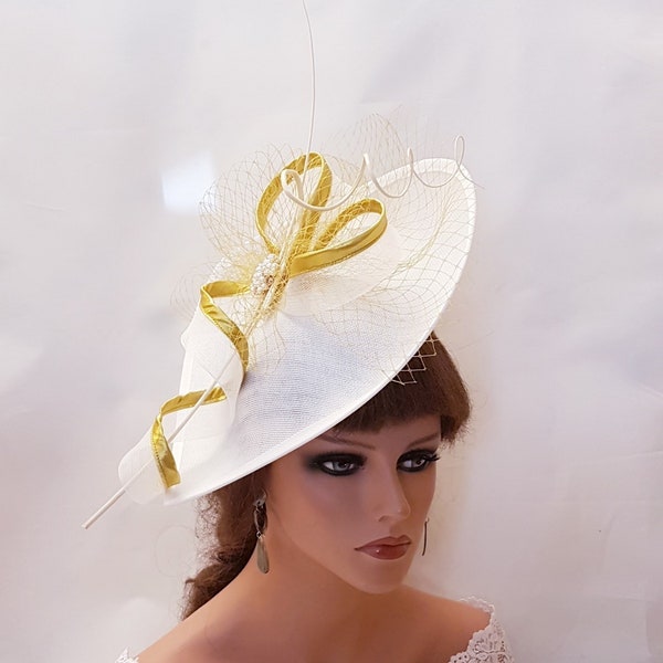 WHITE & Gold Large  Fascinator hat Long Quil feather Church Derby Royal Ascot  Race Wedding Party guest hat Mother of Bride/Groom Hatinator