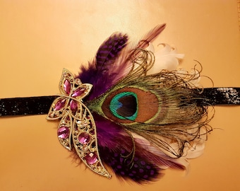 Gatsby  Headband, Peacock feather Headband #1920s Flapper Headpiece Bridal wedding fascinator, Purple feather and crystal  boho headband