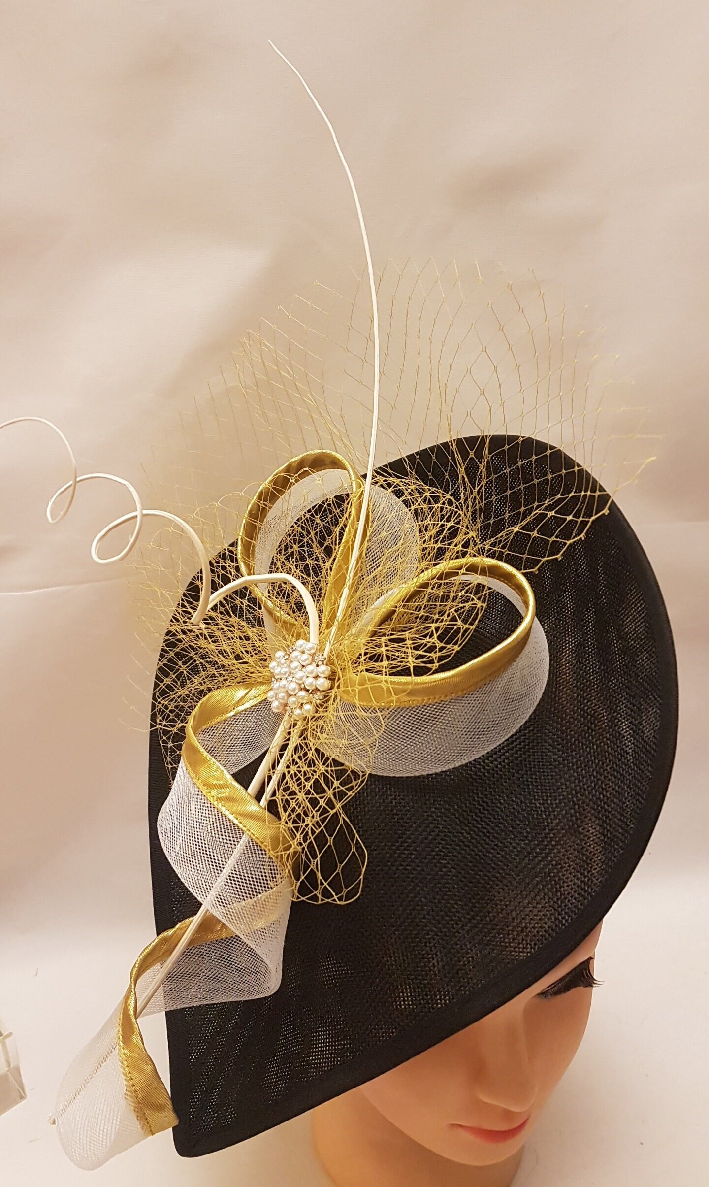 Original custom made headpiece/ fascinator in black and gold Paris Fascinator for Wedding Guests | Gold Flowers and Feathers main image 4
