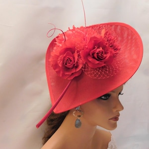 Red Rose Fascinator Hat: Handmade Feather Headband, Wedding Ascot